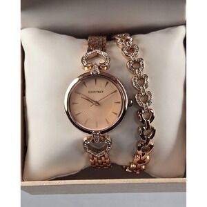 Ellen Tracy Rose Gold Heart Crystal Watch & Bracelet Set Women Gift Box‎